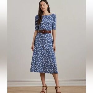Lauren Ralph Lauren Blue Floral Stretch Cotton Midi Dress – Size S – NWT